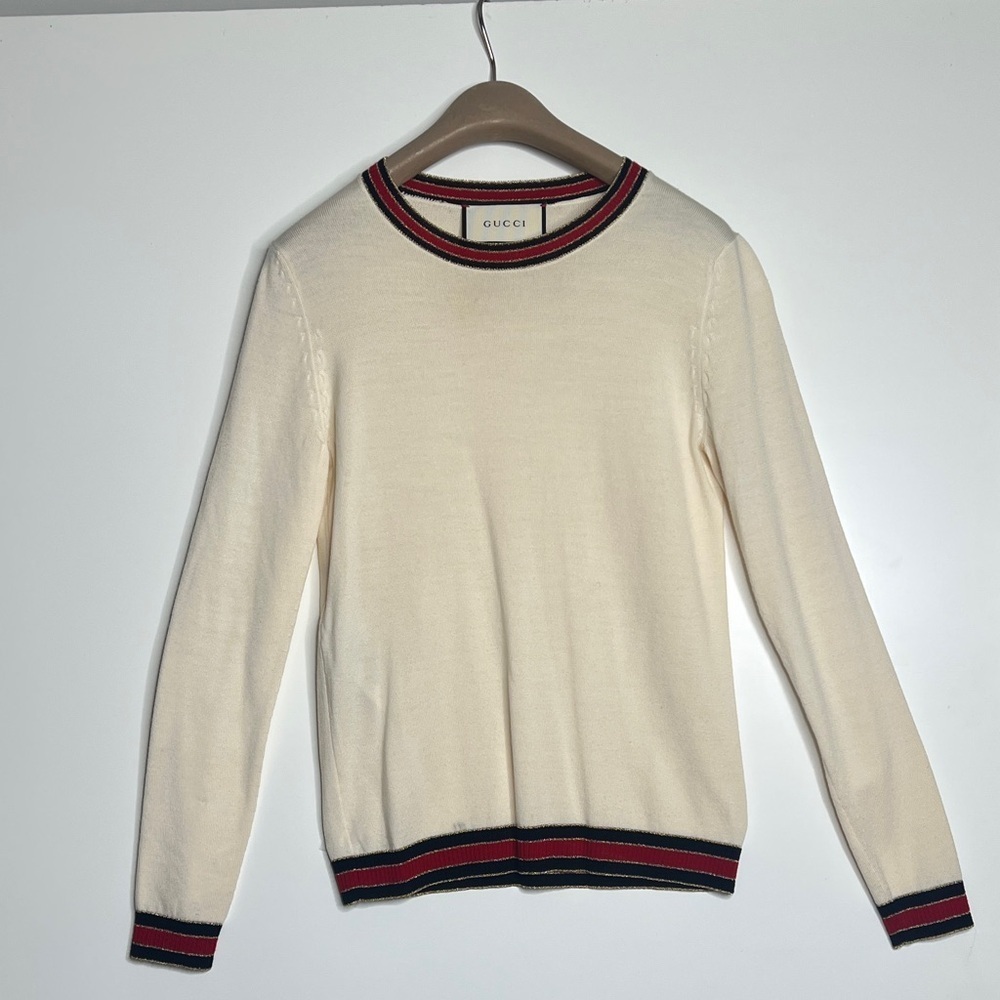 Gucci Sz S Cream Wool Lurex Web Trim Crew Neck Sweater